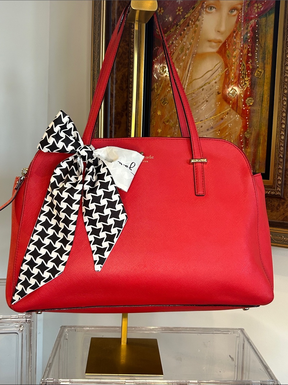 kate spade Red Leather Shoulder Bag with Black & White Bow